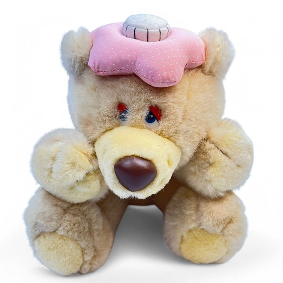 RUSS Tan Bear "Get Well" Plush Stuffed Animal Toy Pink Cold/Hot Pad on Head VTG - Picture 1 of 8